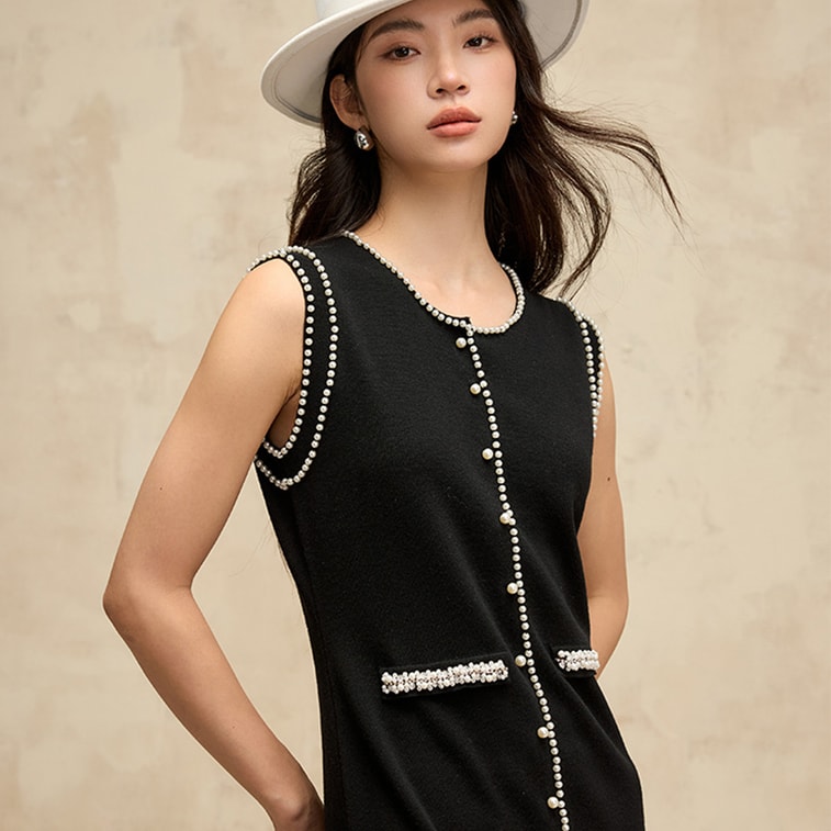 New Heavy Industry Dingzhu Xiaoxiangfeng Knitted Dress Sleeveless Vest Skirt Black  M 4