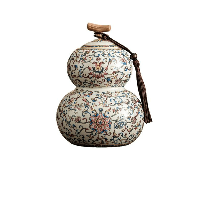 【中国直邮】 一品仟堂 珐琅彩繁花缠枝莲葫芦茶叶罐带盖防潮 11.5*16厘米