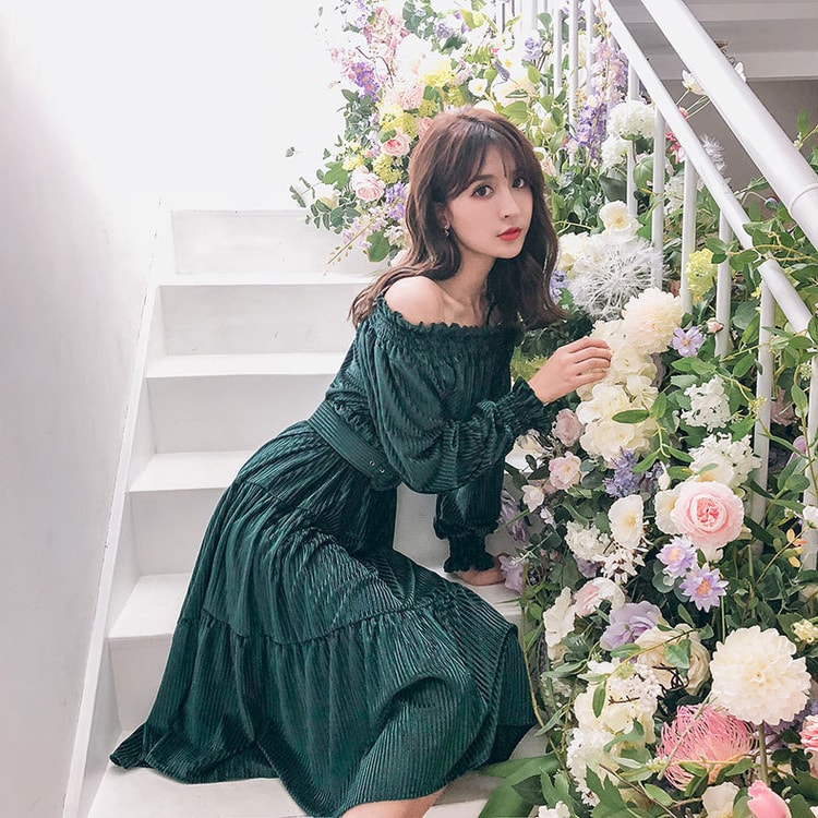 green dress autumn winter 2018 Fall/winter Off-shoulder Velvet Green/M R26
