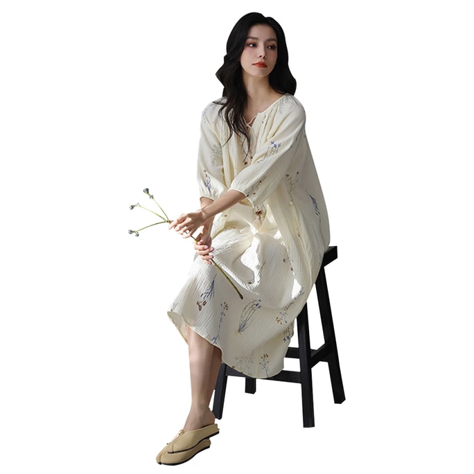 New Chinese Wabi Sabi Style Loose Printed Nightgown Flower Cotton Yarn Nightgown M