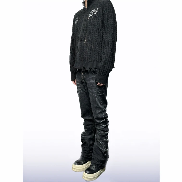 Black Grey Cracked Blade Micro-Flare Jeans Size S (Unisex) – High-stretch Slim Fit, Vintage Wash. Multi-button Fly, Flares Lengthen Legs. Streetwear For Couples. Perfect For Students. 4