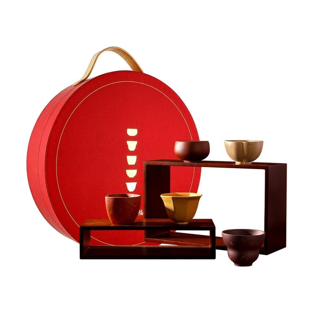 故宫文创五福紫砂杯子茶具礼盒福袋杯+葫芦杯+桃式杯+梅花杯+八方杯- 亚米