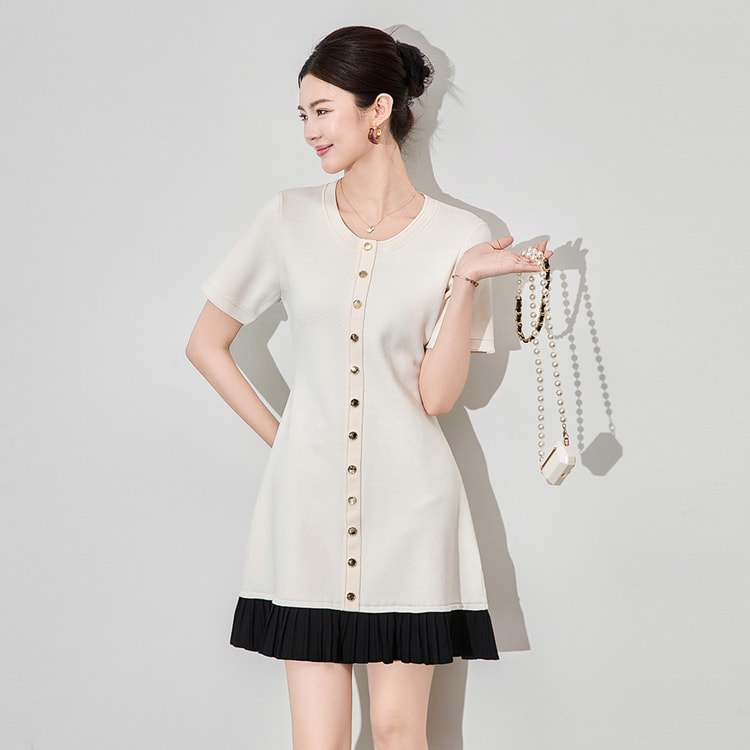New Patchwork Pleated Short Sleeved Small Fragrant Knitted Dress In Apricot Color S - Yami.com New Patchwork Pleated Short Sleeved Small Fragrant Knitted Dress In Apricot Color S - Yami.com