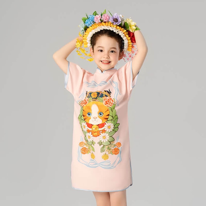 Mandarin Collar Kitten Graphic Qipao Dress For Kids Pale Ivy Pink 120CM