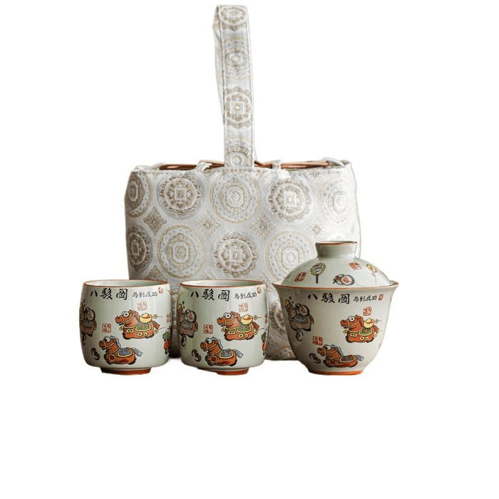 【中国直邮】 一品仟堂 八骏图陶瓷茶壶旅行茶具套装 一壶二杯元宝盖碗 单杯120毫升
