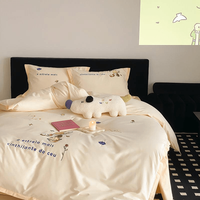 [중국에서 직접 우편] Lullabuy Little Prince 100S 장침면 세라믹 브러시 침대 4종 침구 세트(침대 시트*1+이불 커버*1+베개 커버*2) 퀸 사이즈-노랑