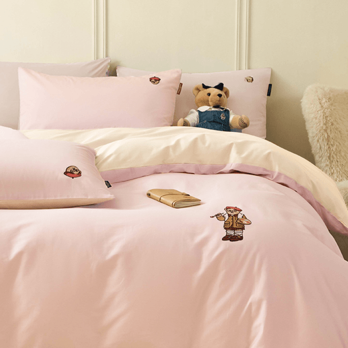 Teenie Weenie 40支全棉水洗棉套件 2米床四件組 被套220*240cm 床單245*270cm枕頭套48*74cm×2 淺粉+米白