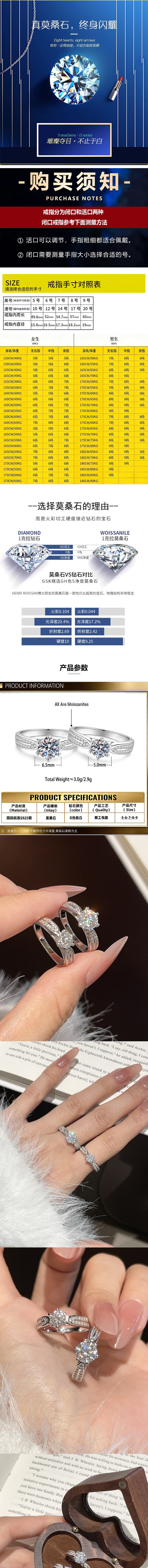 【中國直郵】 HSPM S925銀鑲鑽戒指 D色莫桑石50分 6.5MM 美碼/6號 1件 輕奢飾品高級感氣質指環