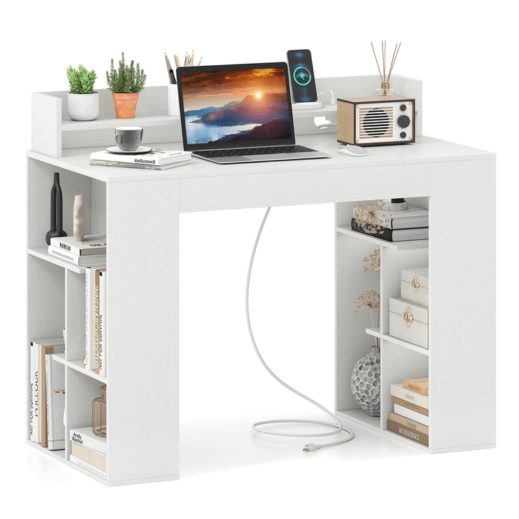 43 Inch Computer Desk With Power Outlets And 2 Bookcases-White 3