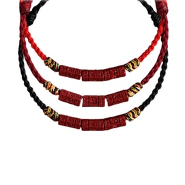 [중국 직배송] HSPM 푸퉈산 6자 만트라 천연 주사 팔찌, 발찌, 티베트 5색 끈 선물 팔찌 (빨간색 끈 + 와인색 끈 + 검은색 끈) 3개 세트