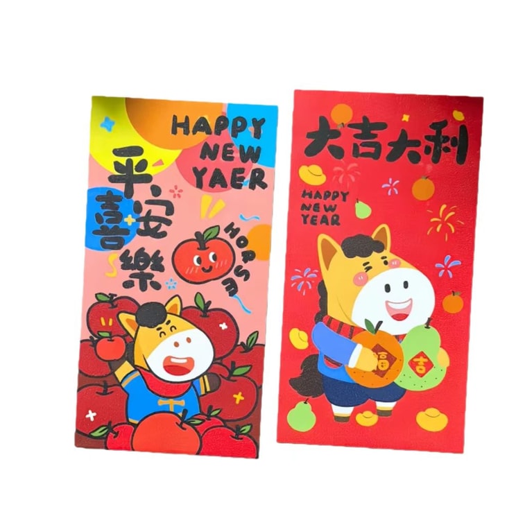 ハイランシン 2026年新年、午年、縁起の良いかわいい漫画風赤い封筒、幸運と祝福、新年の挨拶、幸運のお金、6種類、1セット 3