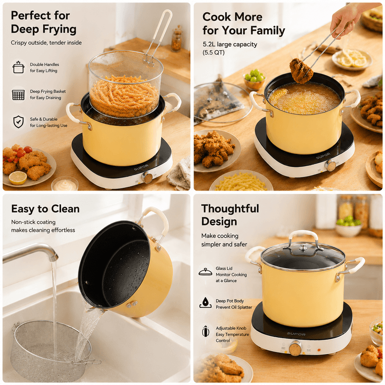 5.2L Deep Fryer Pot With Basket, Multi-Purpose Cooking Pot For All