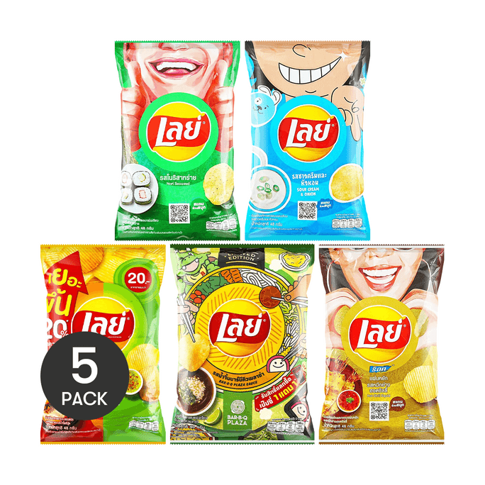 Potato Chips,Nori Seaweed+Barbecue+Thai Seafood Barbecue+Sour Cream Onion+Spicy Squid Flavor 7.54oz【5 Packs】