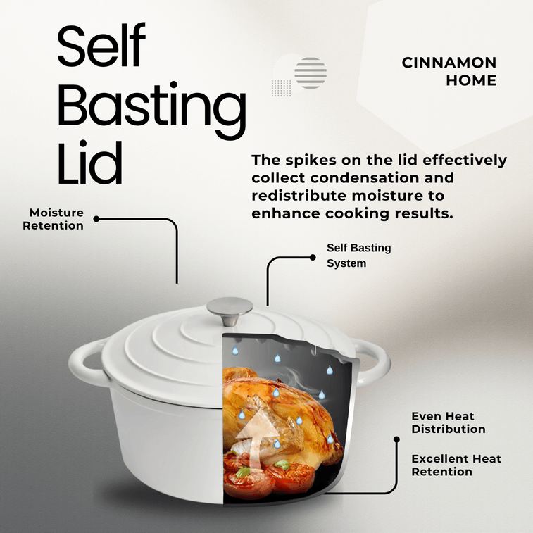 미국산 시나몬(Sinamon) 주철 에나멜 냄비 28cm(6쿼트), 무광 흰색, 프로스티드 피니시 시리즈. 천연 미세 압력 조리 방식으로 은은한 끓임과 저온 조리가 가능한 다기능 가정용 슬로우 쿠커/스튜 냄비입니다. 모든 종류의 가스레인지에서 사용 가능합니다. 4