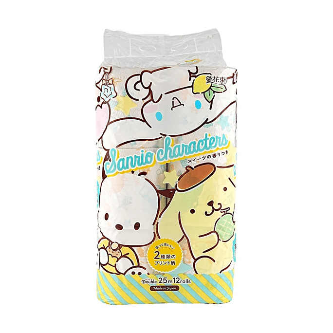 Sanrio 香り付きトイレットペーパー、2枚重ね82.02フィート、12ロール、プリント柄入りデザートの香り、日本製
