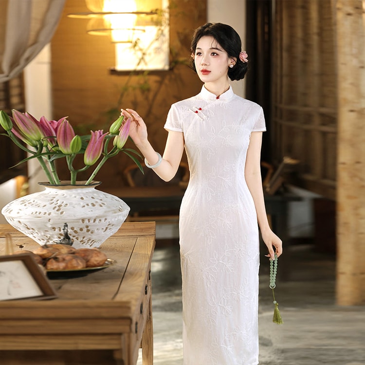 New Chinese Style Cheongsam White Size M 1 Piece Womens White Retro Daily White Dress For Marriage Registration And Engagement Young Girl Style