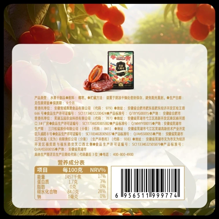 スリー・スクイレルズ創業記念セール：甘くて柔らかいデーツ - すぐに食べられる甘くて柔らかいデーツの砂糖漬けフルーツスナック 100g×1袋 6