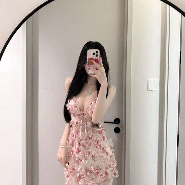 PinklemonLA フローラルウィスパー - リトルローズエンボス加工 レースアップ ウエスト見えメッシュ ミニナイトガウン 4