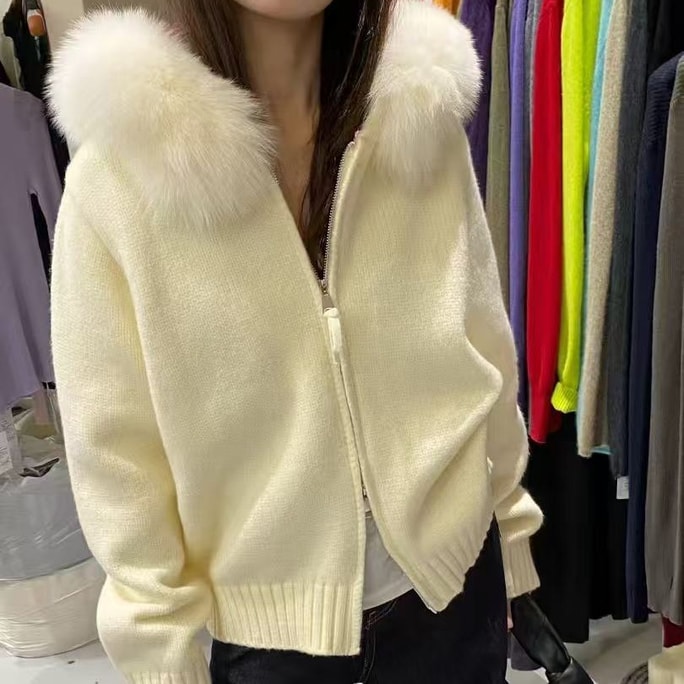 【加拿大直邮】 加拿大 SCENARIO 真狐狸毛领针织外套 均码 双色 白色 均码