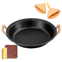 王源吉 【雙耳煎鍋+耳套】 鑄鐵煎鍋 無塗層 烤肉盤 可做水煎包 貴州烙鍋 煎牛排1-3人餐 36cm