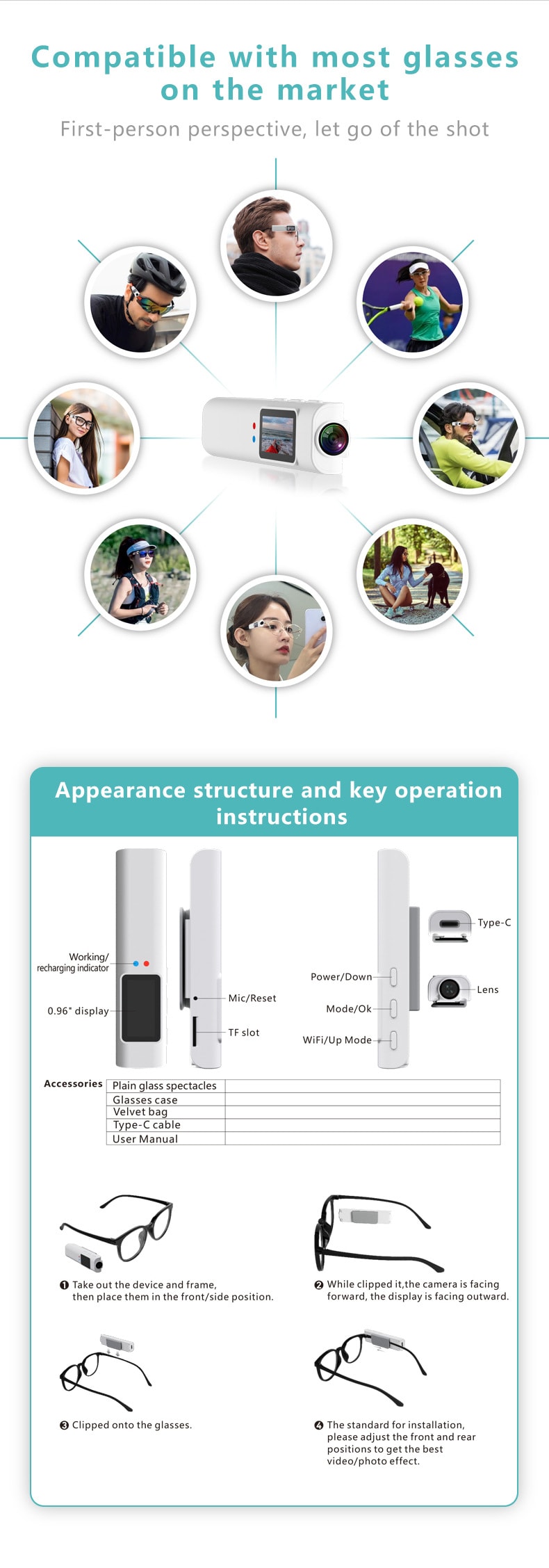 【中国直邮】 晶雅家 旅行骑行记录神器!1080P WiFi 眼镜运动相机 含 128G 内存卡 白色一套装