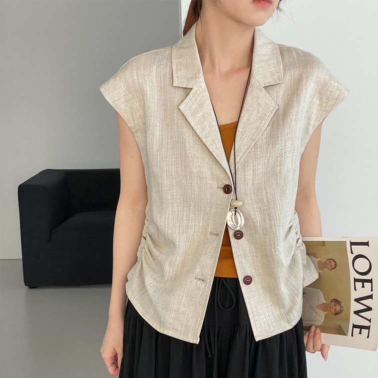 Elegant V‑Neck Vest Linen Color Size L 1 Piece Old‑Money Commute Style Lyocell‑Linen Blend Vintage Pleated Waist‑Cinching Vest Top 6