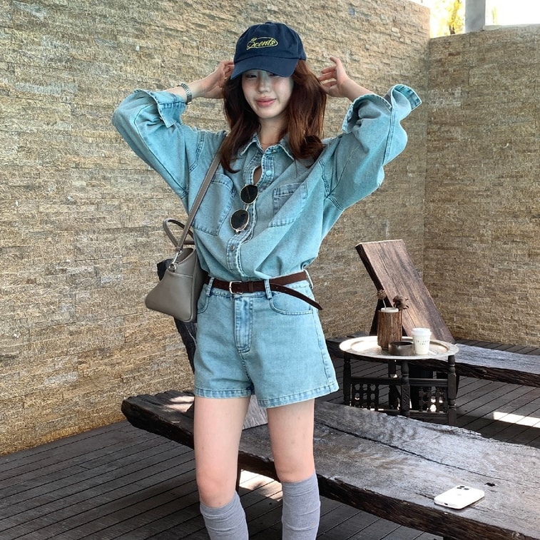 【加拿大直邮】 加拿大 SCENARIO 复古水洗牛仔 衬衫+短裤 2件套装 S-M码 蓝色 蓝色 M 4