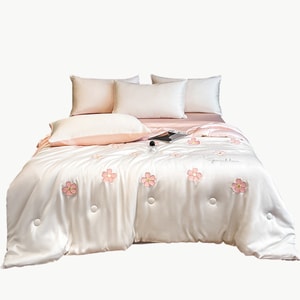 New Cool Embroidered Ice Silk Summer Cool Quilt Set Flowers - Milk White Pink 1.8m Summer Blanket Set Of Four Pieces