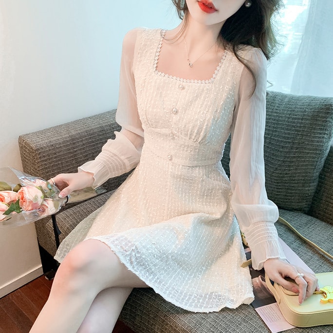 Spring and Autumn Gentle Wind Long Sleeve Square Neck Dress