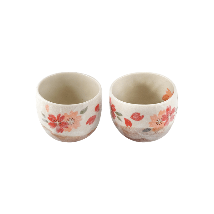 Japan Mino Ware Ceramic Handmade Cup Set With Wooden Box, Spring Sakura Cherry Blossom, 2pcs, 8.5 x 8.3cm