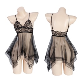 Sexy Pajamas Fun Perspective Dress Suspender Short Skirt Lace Nightdress Black One Size