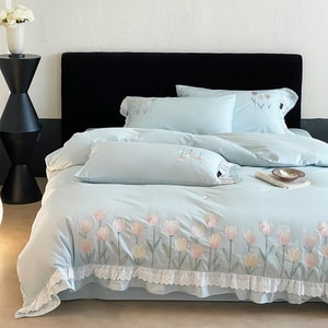 *Tulip Bedding Set 200*230cm 100% Cotton【Exquisite Embroidery & Lace Ruffle】Bed Linen, 【Ultra Soft, Skin - friendly & Calming Sleep】Cute Girly Style Home Bedroom Decor