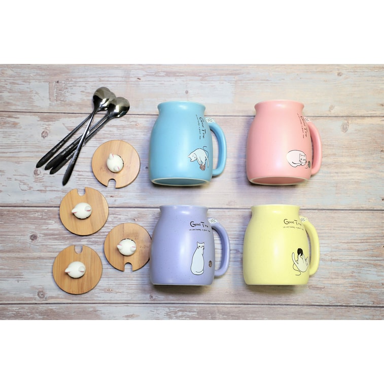 GINKGOHOME Cute Cat Milky Ceramic Mug With Spoon And Wood Lid - Sky Blue 12oz 6