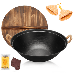 36CM Cast Iron Serving Pot Dual Handles With Handle Covers Wooden Lid Pre-Seasoned Deep Dutch Oven For All Stoves