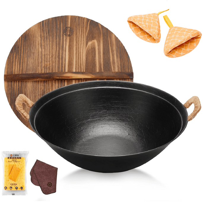  36CM Cast Iron Serving Pot Dual Handles With Handle Covers Wooden Lid Pre-Seasoned Deep Dutch Oven For All Stoves