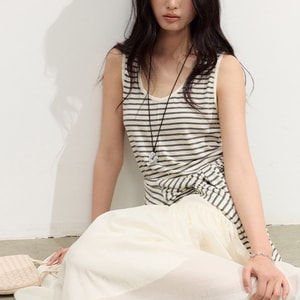 [중국 직배송] HSPM 아세테이트 린넨 라이오셀 여성용 베스트, 봄/여름 신상, 루즈핏, 스타일리시한 스트라이프 베이스 레이어 탑, 그레이 컬러, M 사이즈