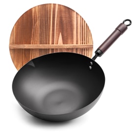 【Stir-Frying For Wok Hei】32CM Chinese Ultimate Iron Wok with Wooden Lid, All Stove Compatible (Induction/Gas), Family Size 2-4 Person