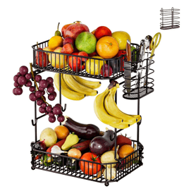 Bailingke 고강도 2단 탁상용 과일 바구니 (측면 수납 바구니 포함), 바나나 거치대 8개, 과일 및 채소 보관용 수납 선반