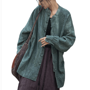 Chinese Style Ramie Tie-Dye Cardigan Coat For Women Green Onesize