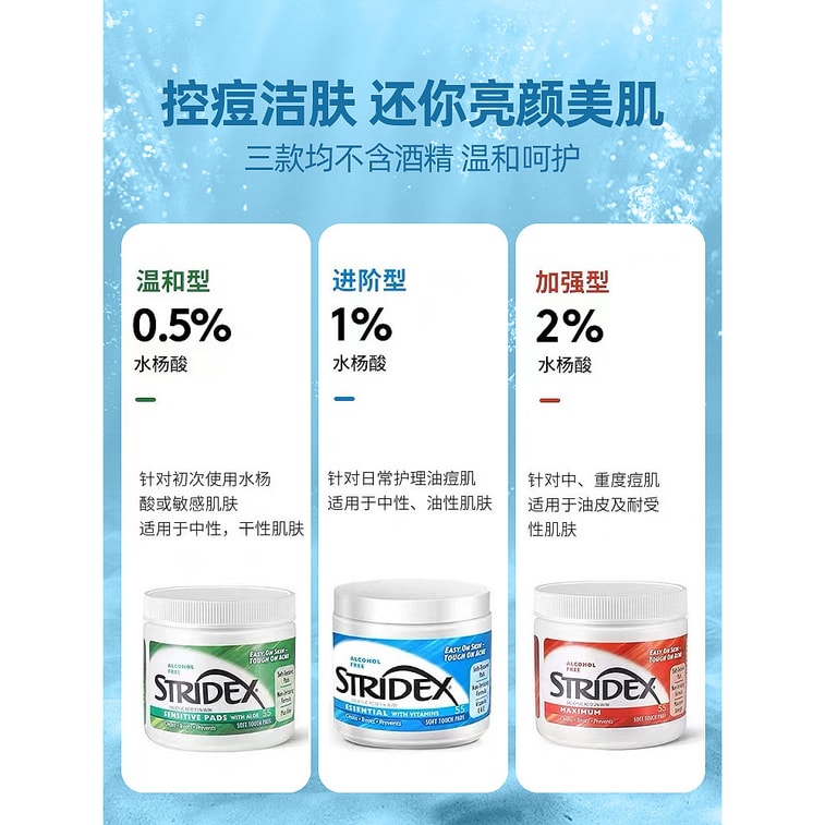 【中国直邮】程十安同款 Stridex  水杨酸棉片 刷去闭口 祛痘 祛痘印 粉刺黑头 清洁毛孔 1%水杨酸 蓝罐 进阶型 适合油痘性肌肤  55片*一瓶 4