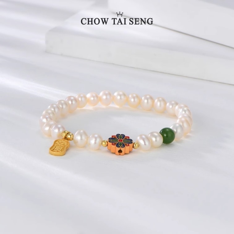 【中国直邮】 周大生 珍珠手链纯银女款安康福牌银串珠转运珠高级 1个装 4