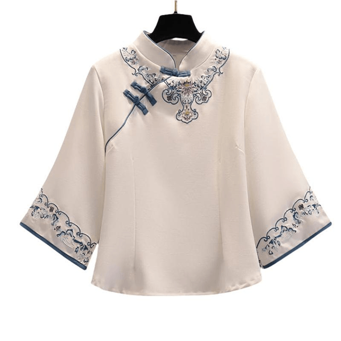 Chinese Style Embroidered Knot Button Cheongsam Hanfu Tops White M