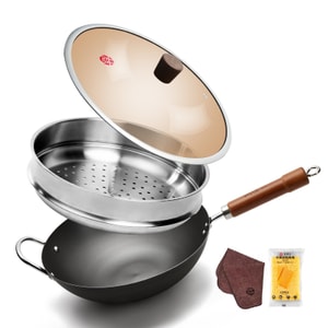 ⭐入门款⭐【爆炒锅+配套蒸笼】王源吉 32cm 无涂层精铁炒锅 大口径不易生锈!