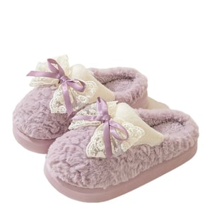 Multi-Color Bow Autumn And Winter Cotton Slippers-Beige Purple 38-39(Smaller Suitable For 37-38 Yards)1Pair