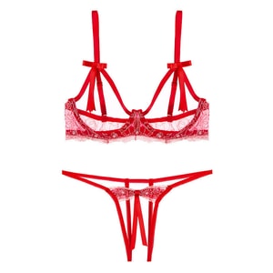 Sexy Underwear Embroidered Hollow Out Steel Ring Three-point Suit Red One Size