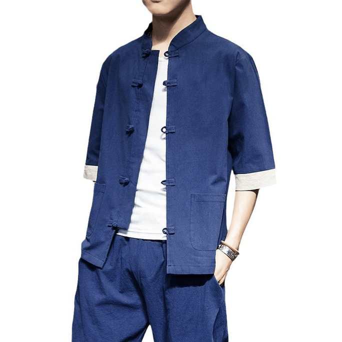 Chinese Style Flax Mid Sleeve Solid Color Retro Button Tang Costume Hanfu Navy Medium