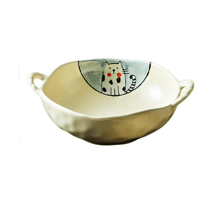 High Beauty Double Ear Stone Pot Noodles In Soup Bowl Ceramic Tableware Japanese Household Couple Cat Bowl 22cm * 7.5cm