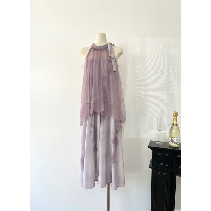 Jacquard Mesh Neck Hanging Fake Two piece Dress Romantic Purple M