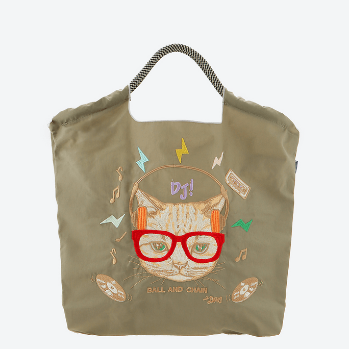 Ball Chain Embroidered Environmental Bag Lightning Cat Gray Medium