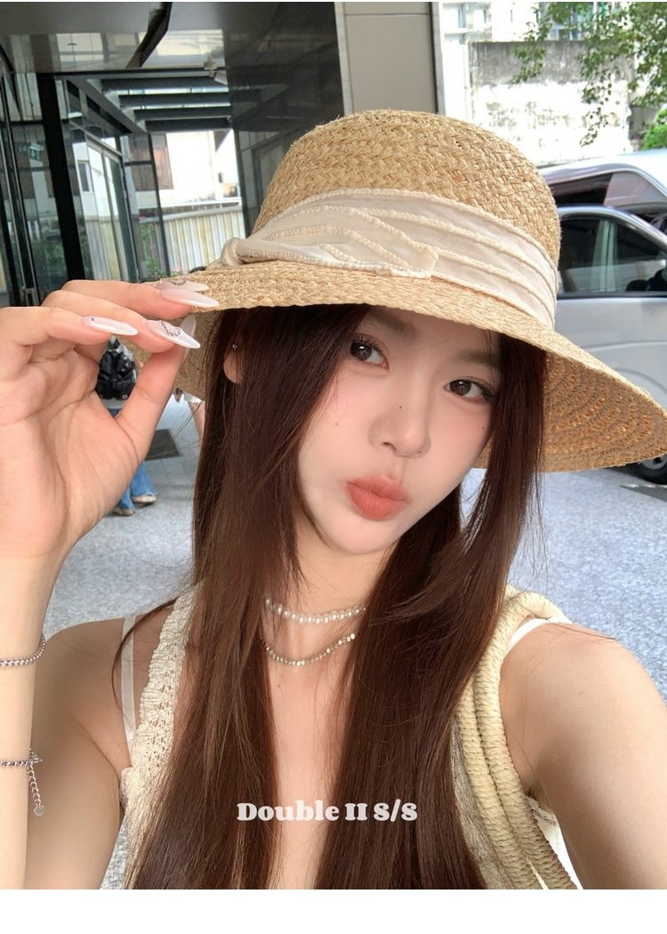 【中国直邮】 亲太太 天然拉菲草渔夫帽子女夏沙滩草帽遮阳防晒礼帽爆款 白色编织带 一个装